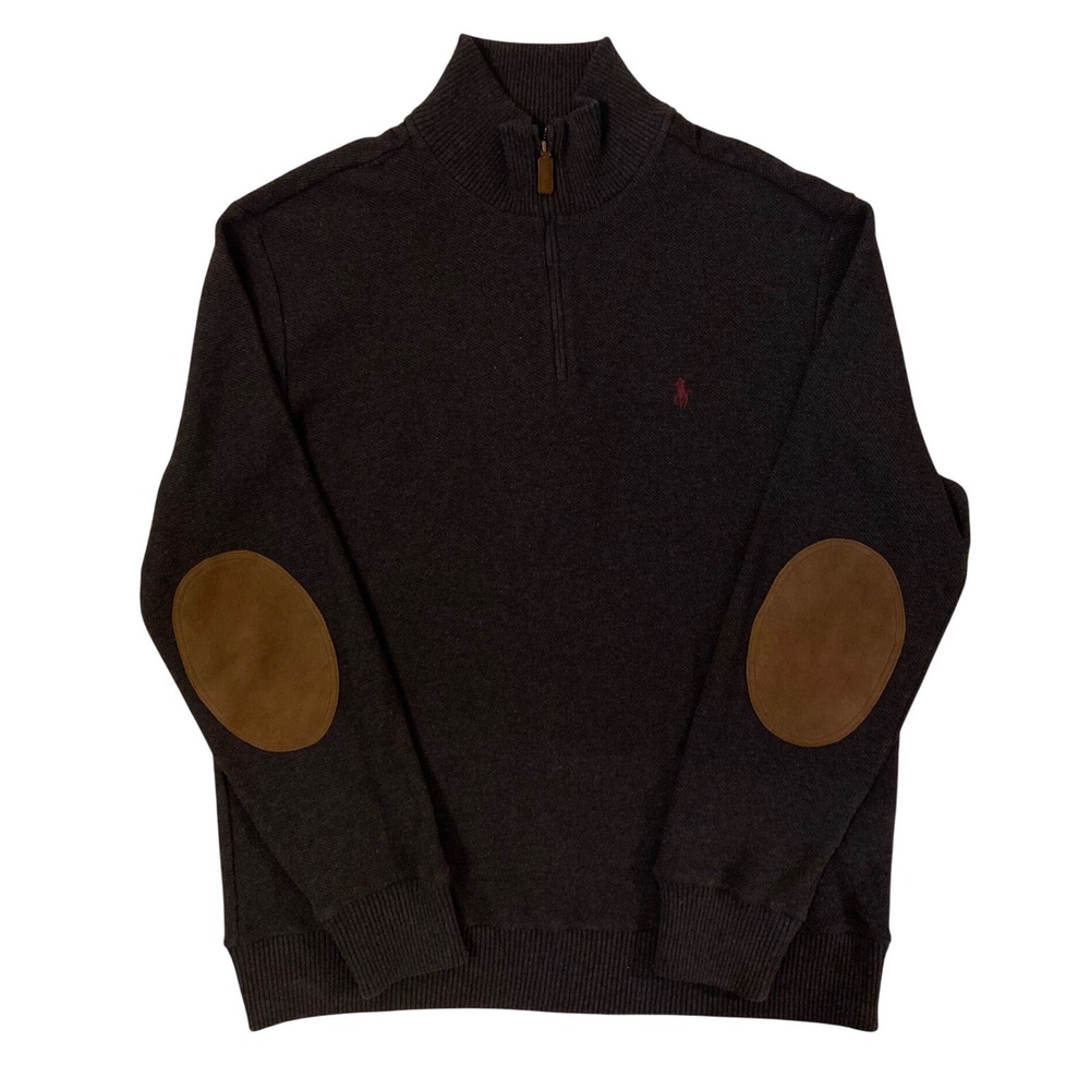 Polo Ralph Lauren Men's Gray Pima Cotton Quarter Zip Sweater Sz L Elbow Patches - Picture 2 of 15